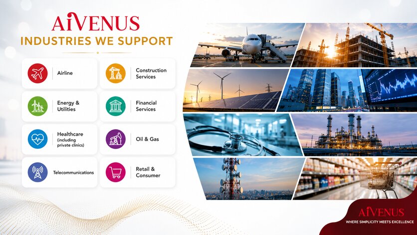 At Aivenus, we support organizations across diverse industries with strategic, technology-driven, and compliance-focused solutions tailored to operational needs and business growth. Our expertise spans airlines, construction services, energy and utilities, financial services, healthcare including private clinics, oil and gas, telecommunications, and retail and consumer sectors. We help businesses simplify complex processes, strengthen governance, improve data management, and enhance operational efficiency through practical transformation strategies. By understanding industry-specific challenges and regulatory environments, Aivenus delivers scalable solutions that drive sustainable performance, digital readiness, and long-term business value for organizations navigating an evolving and competitive marketplace.
